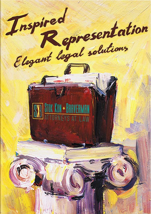 Inspired representation with a legal briefcase, featuring Stok Kon + Braverman Attorneys at Law logo, emphasizing elegant legal solutions.