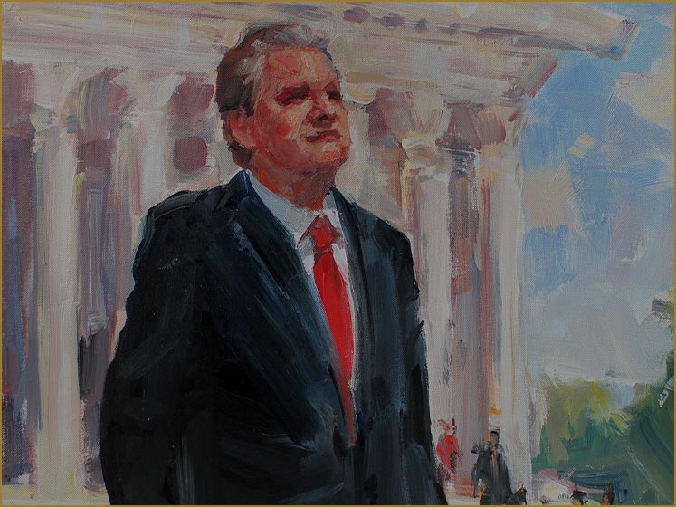 Bankruptcy-Law-Firm-Service-Areas-3 Man in a suit with a red tie standing confidently in front of classical columns, symbolizing legal authority and appellate litigation context.