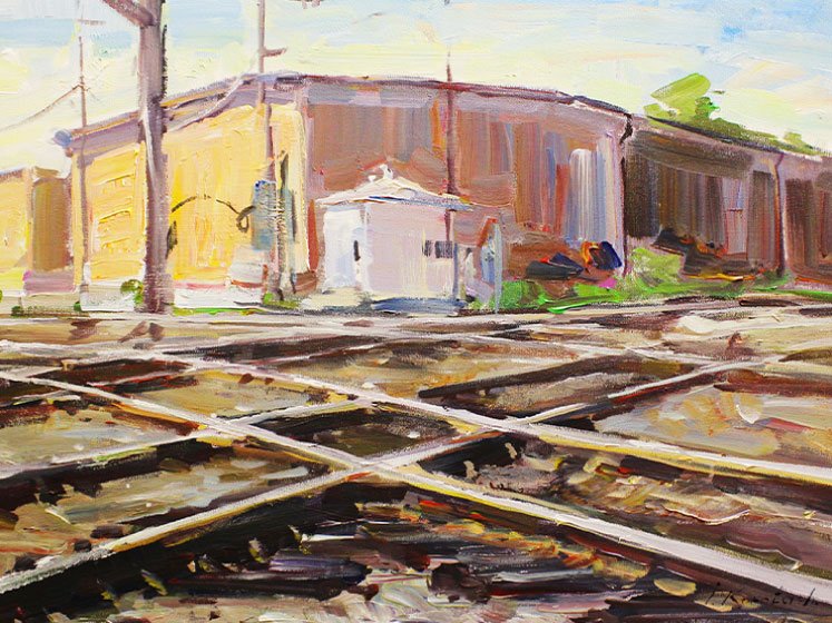 Immigration-Law-Firm-Fort-Lauderdale-Office Railroad tracks intersecting in the foreground with a colorful, abstract building in the background, representing the complexities of family law and legal support in Fort Lauderdale.