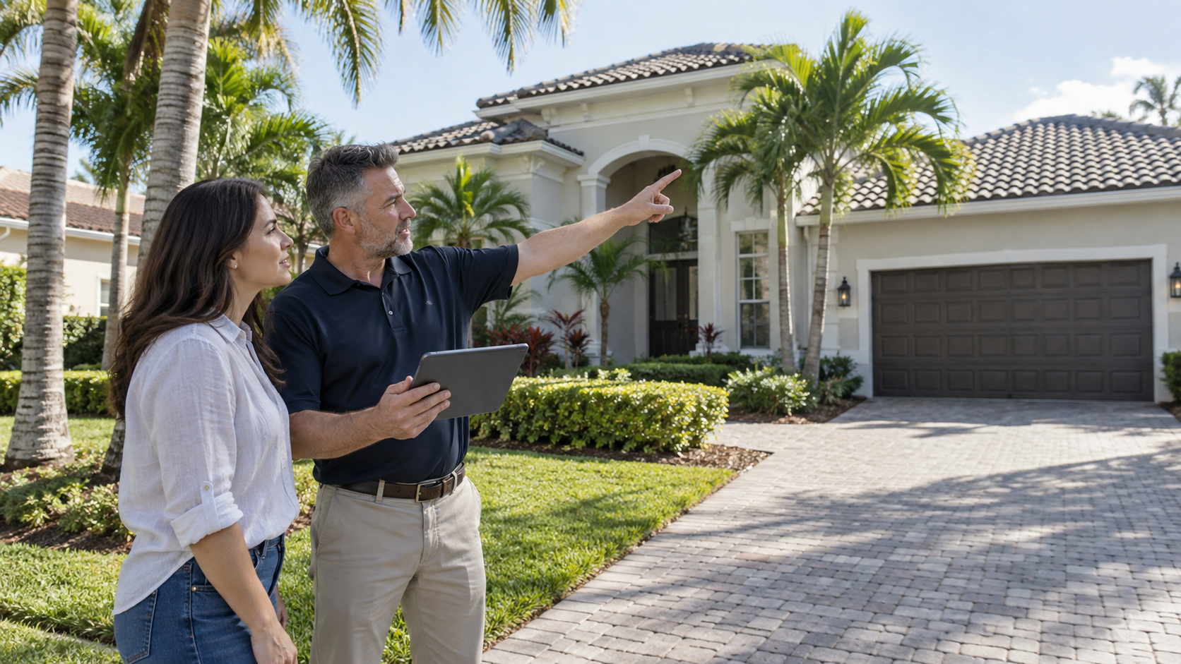 Buyer and inspector reviewing a Florida property before closing